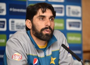 Pakistan's captain Misbah-ul-Haq speaks to members of the media at a press conference at Lord's cricket ground in London on July 13, 2016. England play Pakistan in the first Test match starting Thursday. Pakistan's Mohammad Amir will hope to put the 2010 spot-fixing scandal behind him once and for all when he returns to the scene of the crime in Thursday's first Test against England at Lord's. / AFP PHOTO / OLLY GREENWOOD / RESTRICTED TO EDITORIAL USE. NO ASSOCIATION WITH DIRECT COMPETITOR OF SPONSOR, PARTNER, OR SUPPLIER OF THE ECB